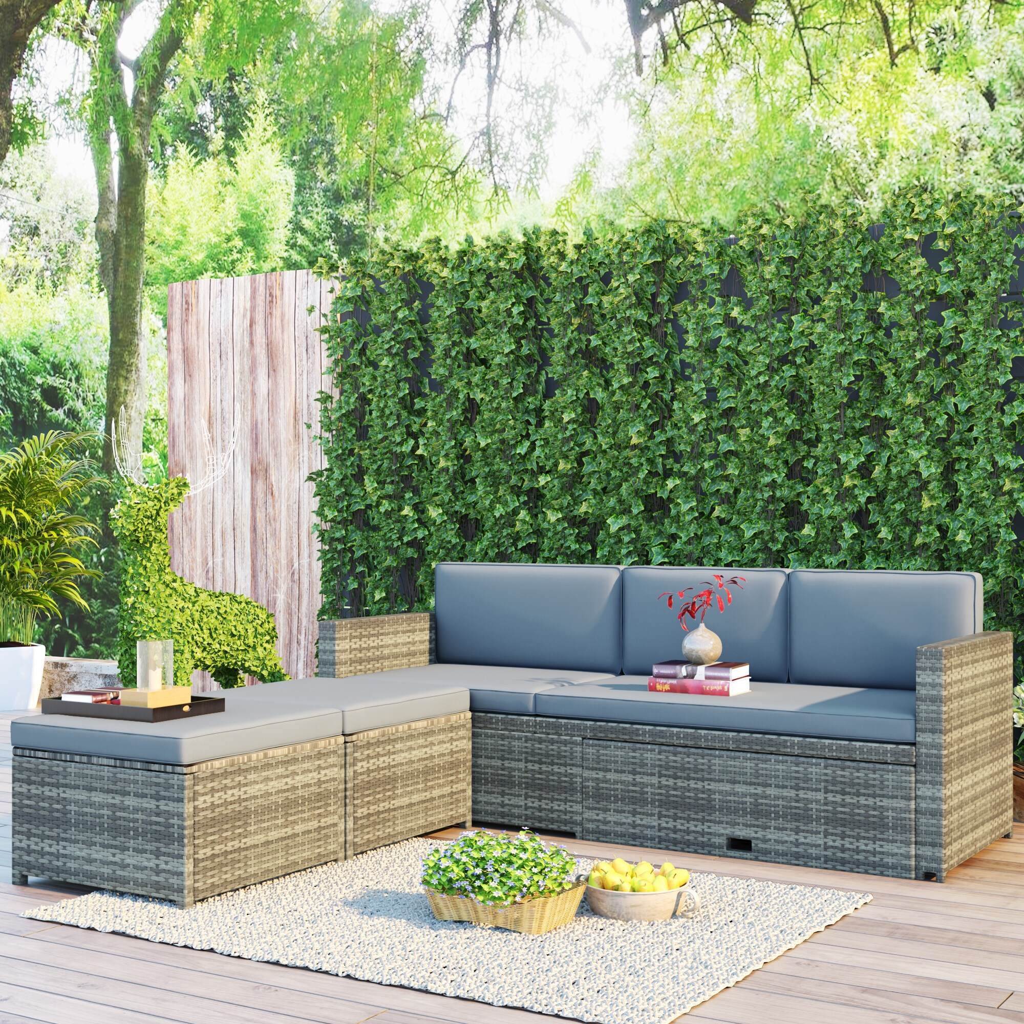 4-piece Outdoor Backyard Patio Rattan Sofa Set， All-weather PE Wicker Sectional Furniture Set with Retractable Table， Gray - Overstock - 34928746