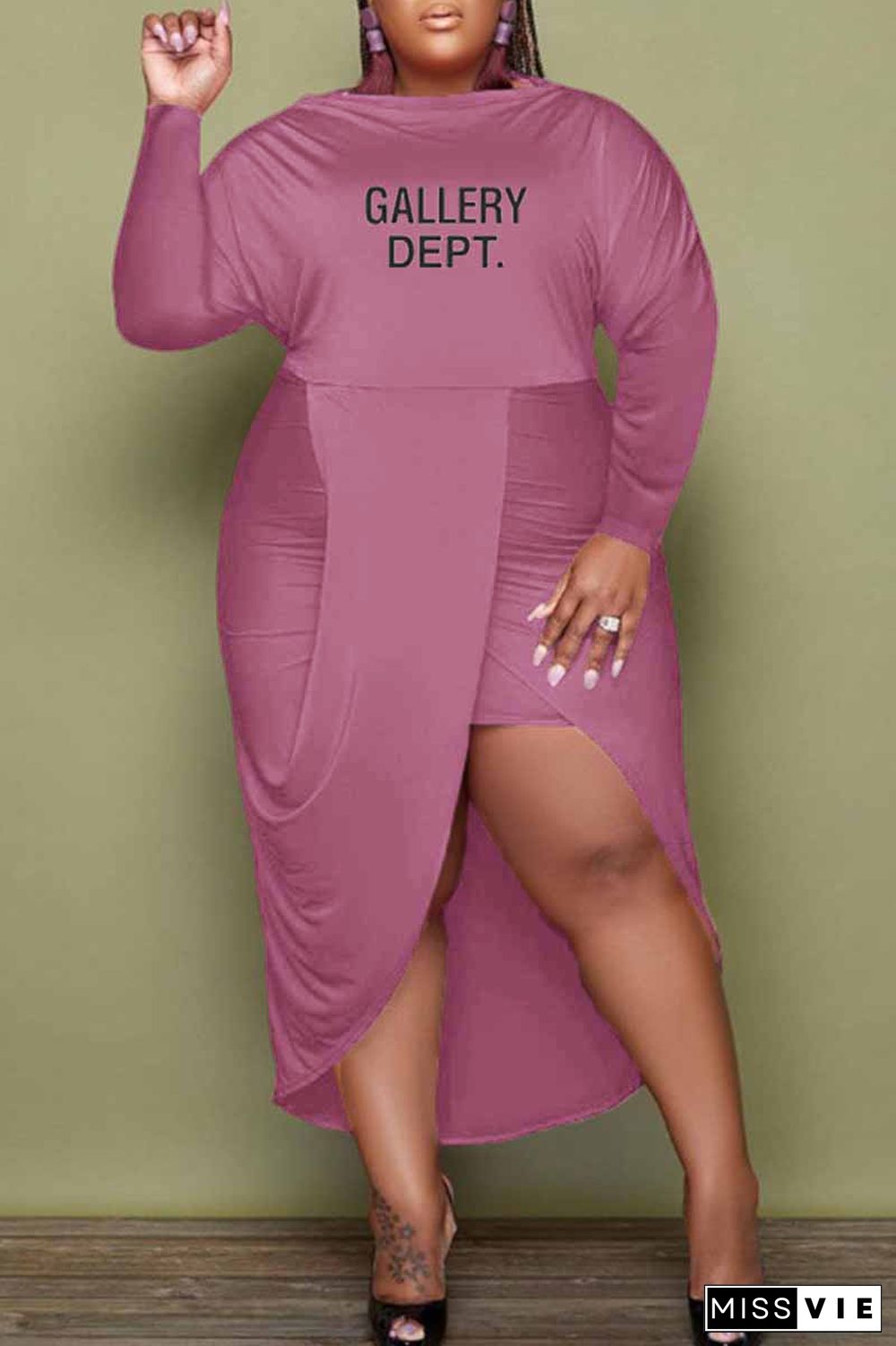 Deep Pink Casual Print Letter O Neck Irregular Dress Plus Size Dresses