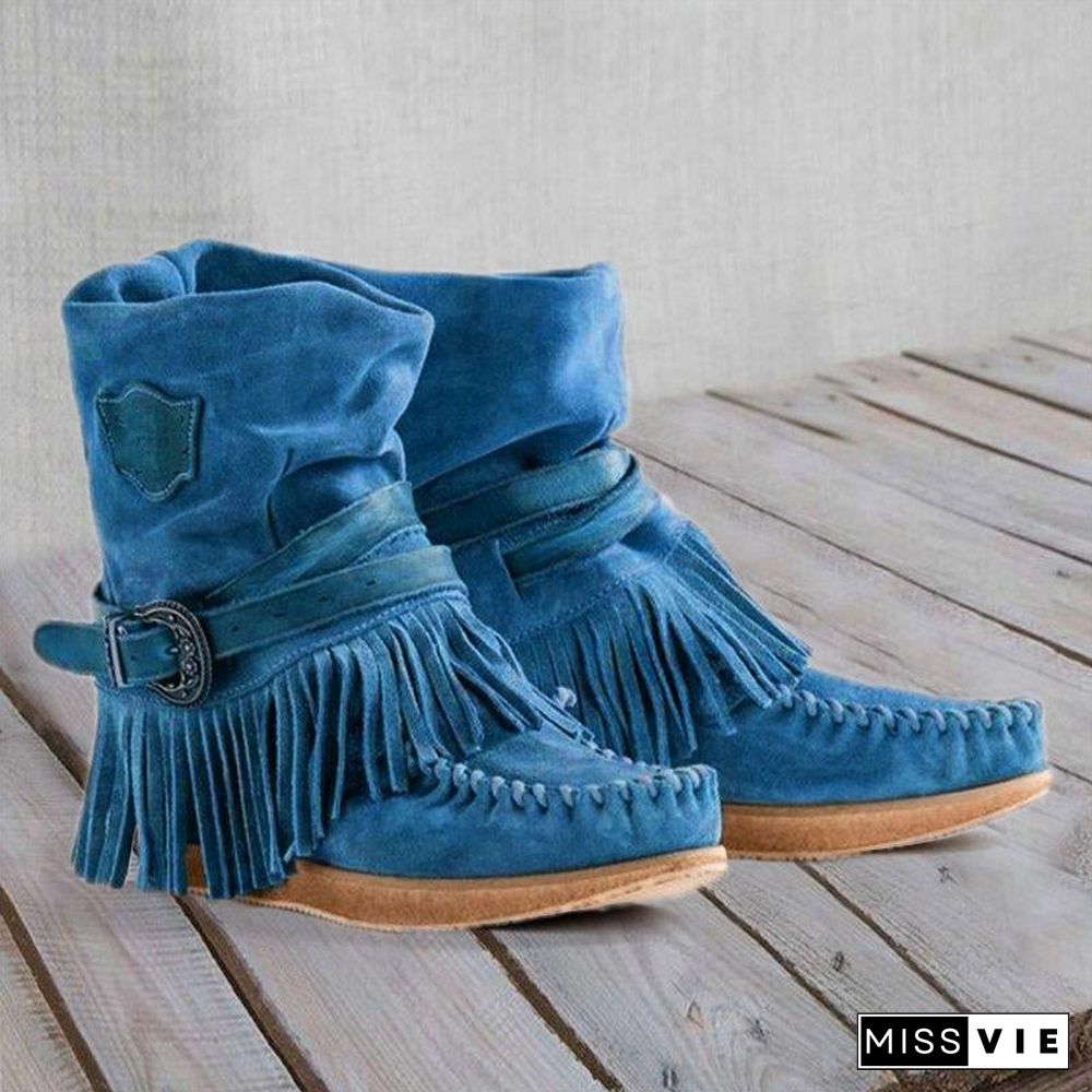 Women's Fringe Round Toe Retro Boots