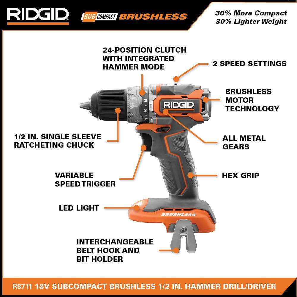 RIDGID 18V SubCompact Brushless 12 in. Hammer Drill Kit with (2) 2.0 Ah Batteries Charger and Bag R8711K