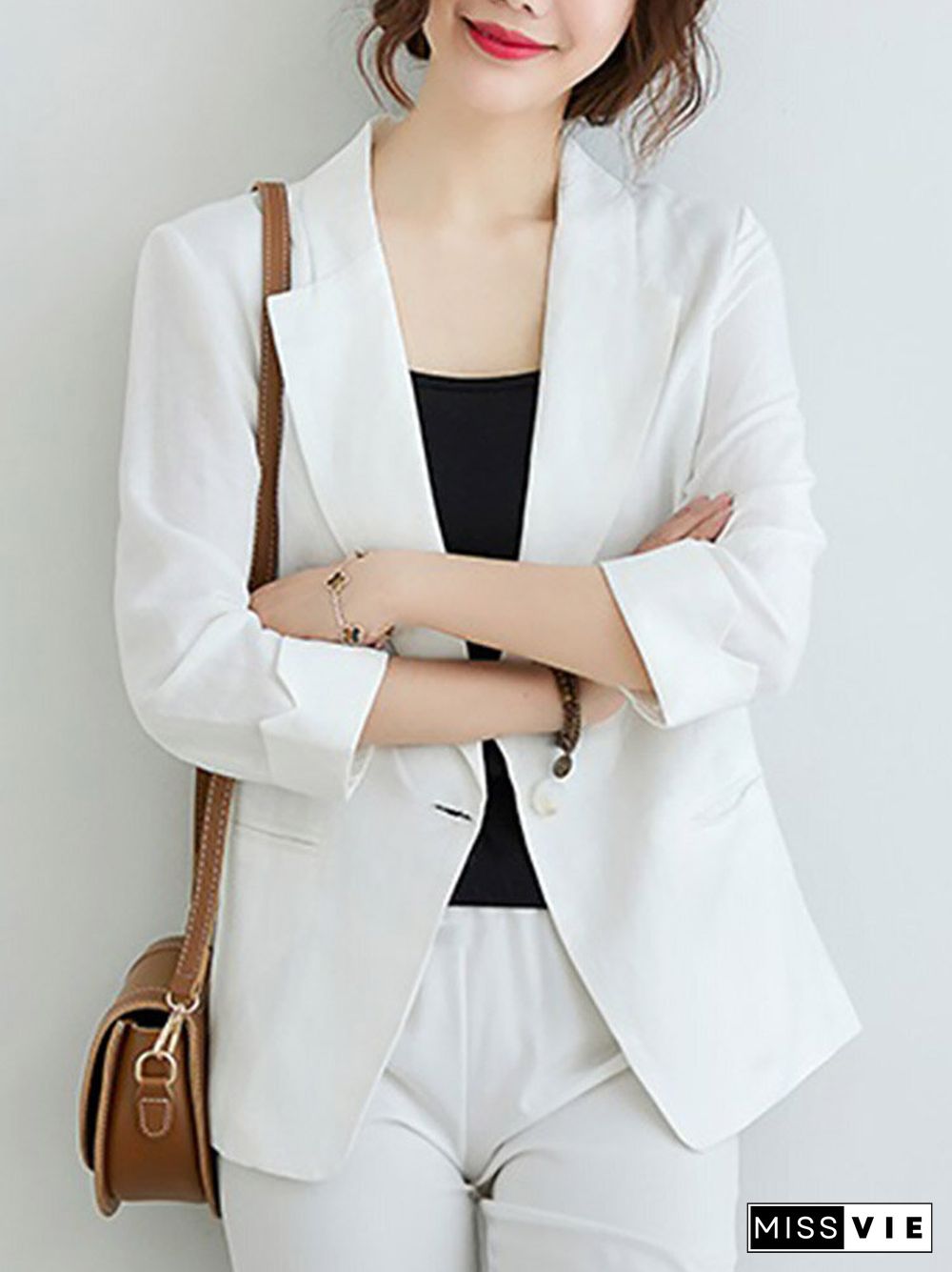 Solid Pocket Button Front Lapel 3\/4 Sleeve Blazer