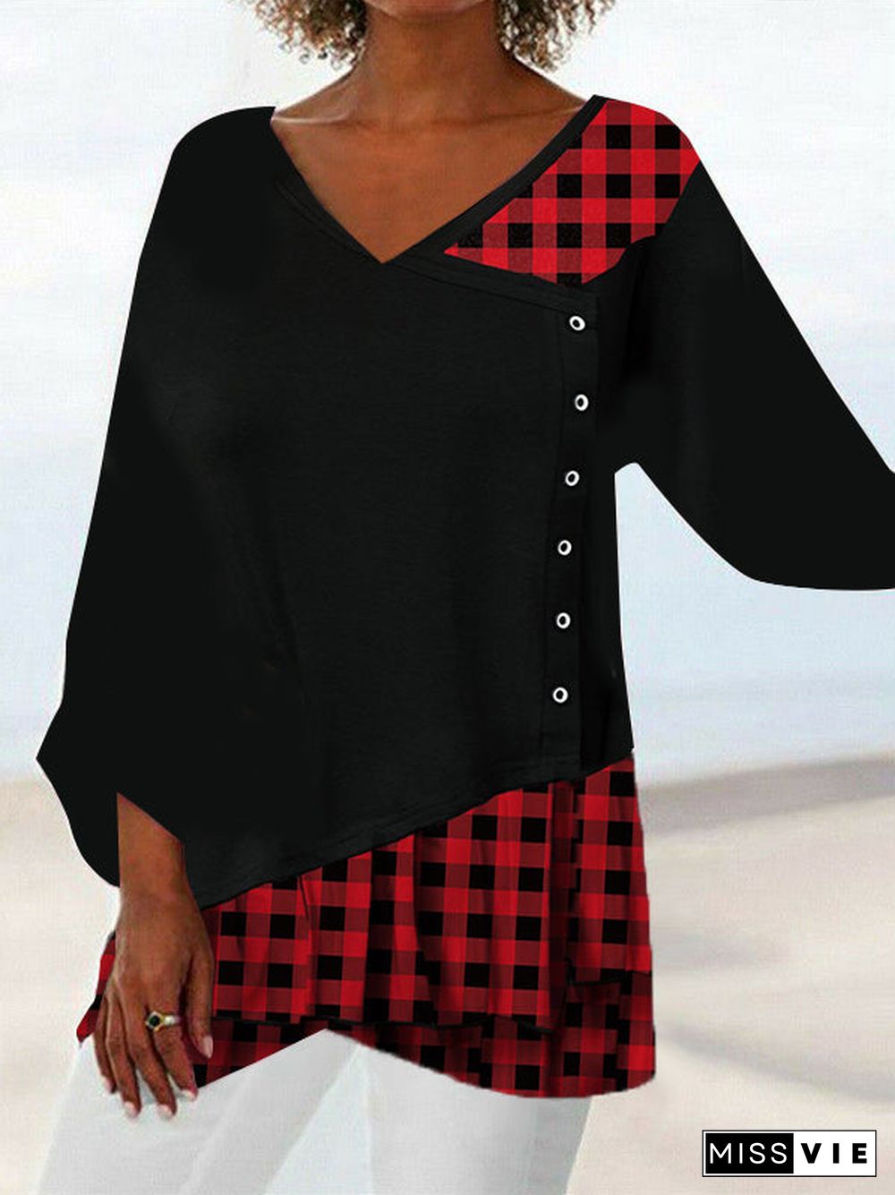 Women Asymmetrical Long Sleeve V-neck Buttton Plaid Top Dress