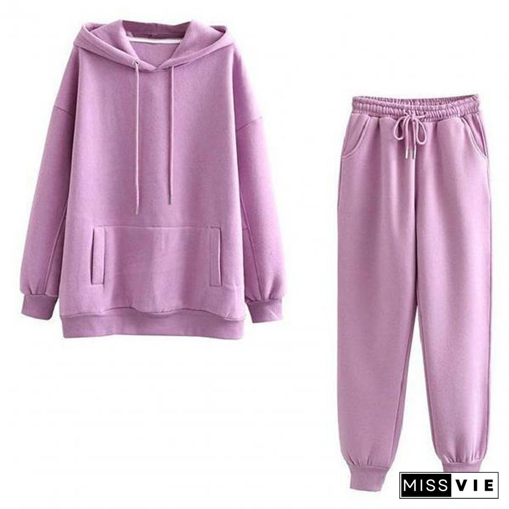 Sweatshirt Pants Set Hooded Cold Resistant Drawstring Pockets Women Outfit For Office