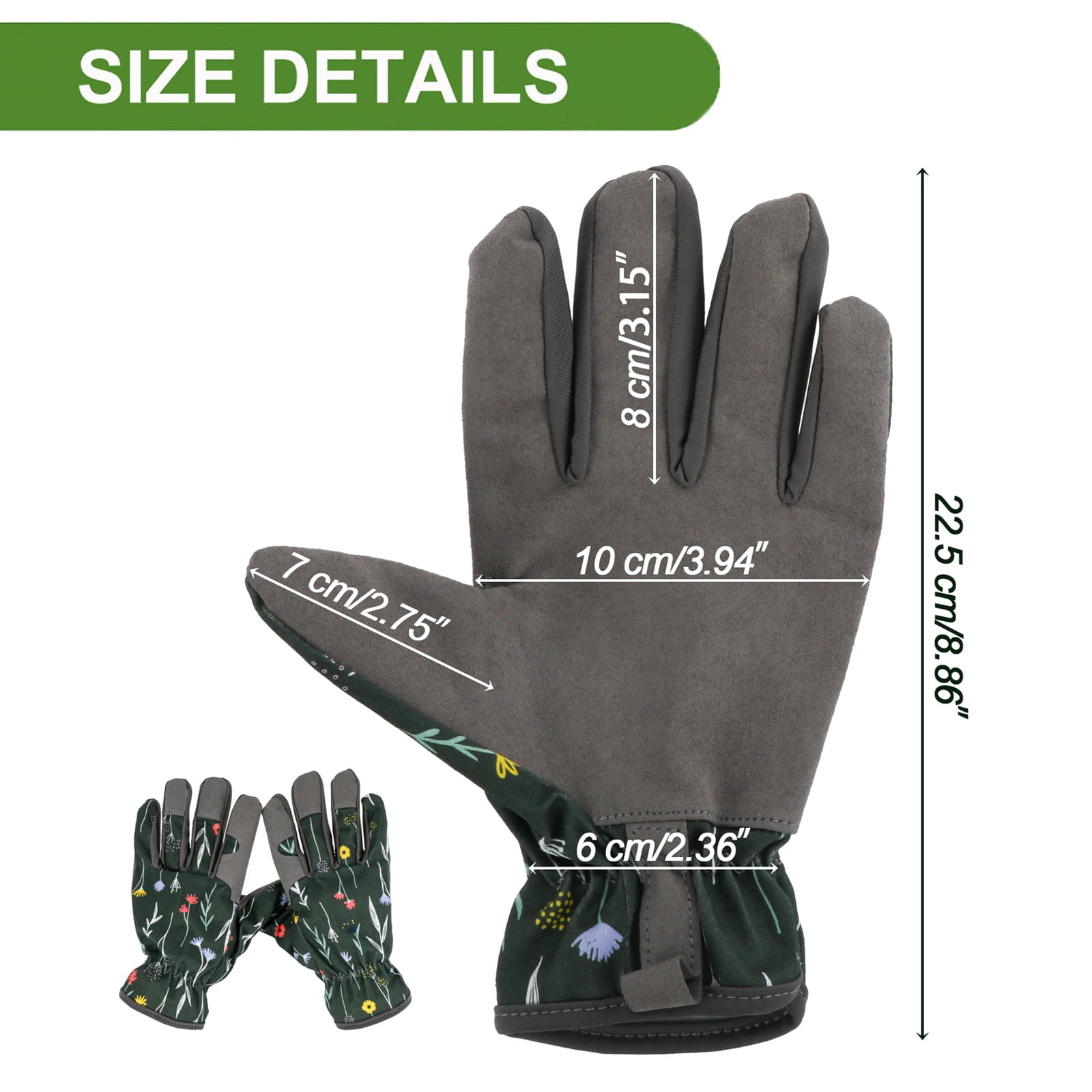 BIGTREE Gardening Gloves Fingertip Grips Lawn Yard Garden Work Gloves Floral Pattern Green