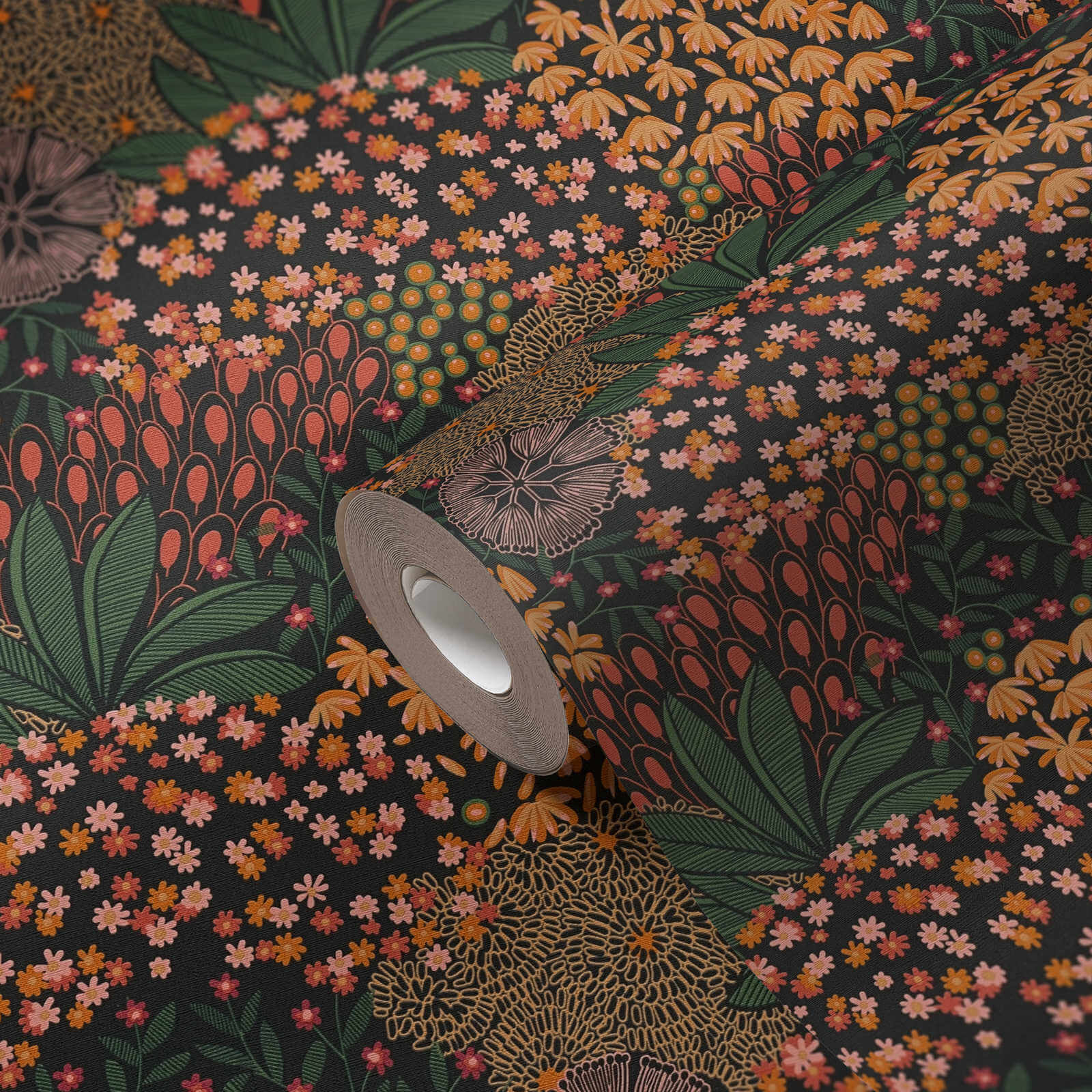 Forest Bloom Motif Wallpaper in Orange/Green/Black