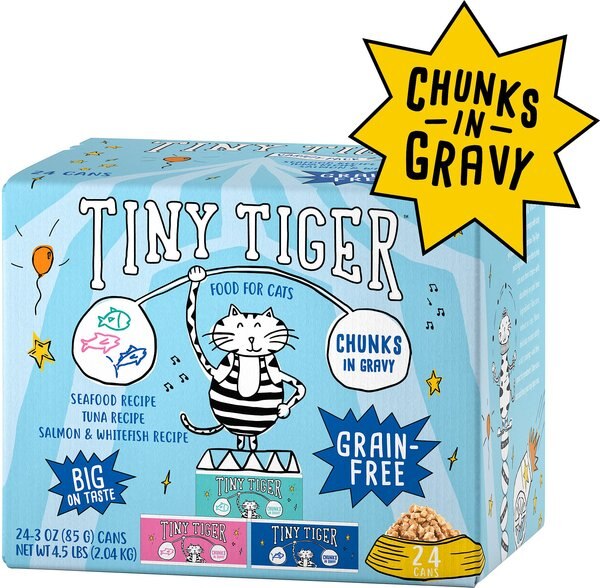 Tiny Tiger Chunks in Gravy Seafood Recipes Variety Pack Grain-Free Canned Cat Food