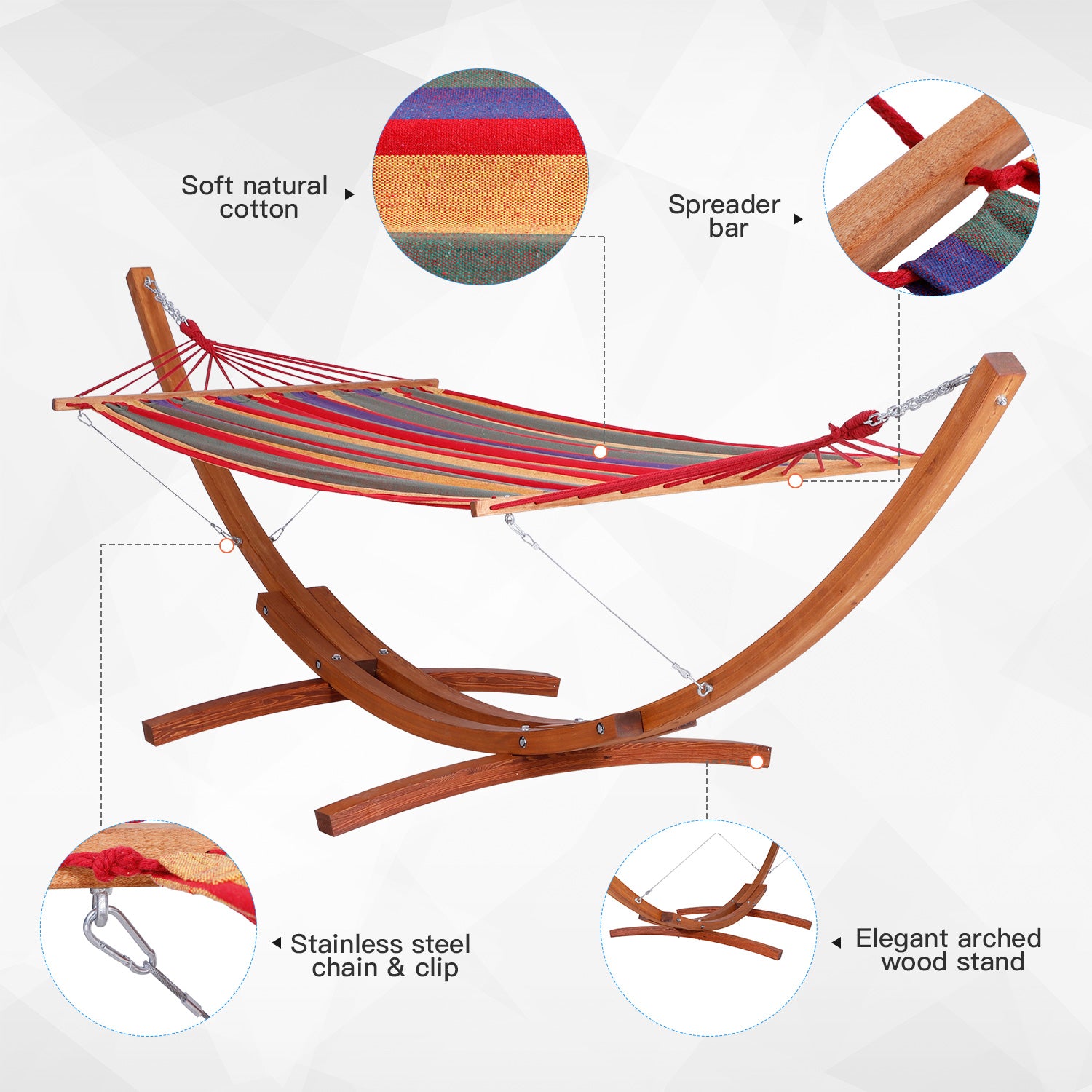 ikayaa Wide Outdoor Arch Wooden Hammock Bed with Stand featuring Modern Design Aesthetic & Water-Fighting Material - Multi-color Stripe