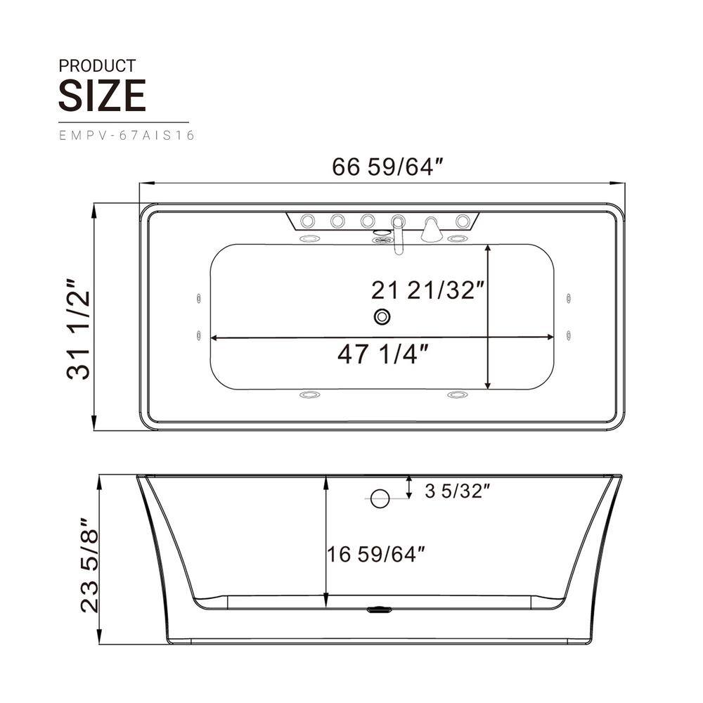 Empava 67 in. Center Drain Acrylic Freestanding Flatbottom Whirlpool Bathtub in White with Faucet - Water Jets EMP-67AIS16