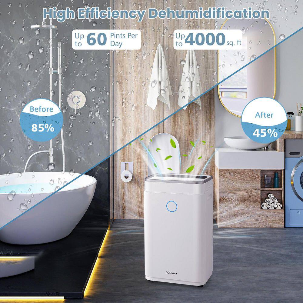 Costway 60-Pint Dehumidifier for Home and Basements 4000 Sq.ft. w3-Color Digital Display ES10105US-WH