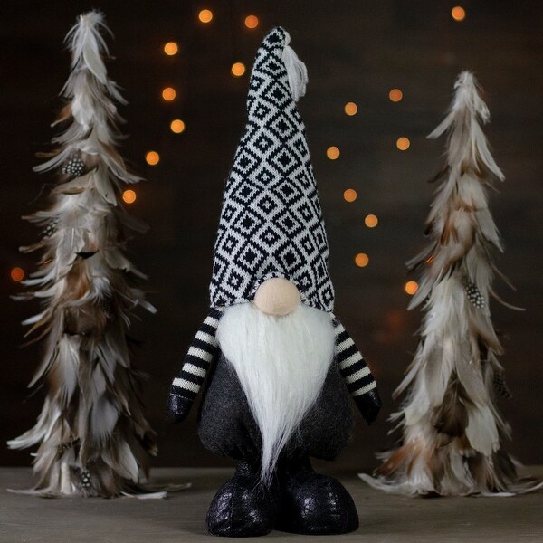 17 Black and White Plush Knit Gnome Christmas Figure