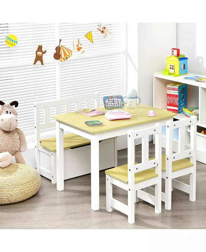 Costway 4 PCS Kids Wooden Activity Table and Chairs Set w  Storage Bench Study Desk