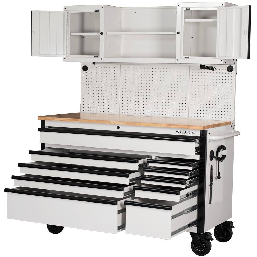 Husky 56 in. W x 27.6 in. D Heavy Duty 10-Drawer Gloss White Mobile Workbench with Pegboard and Top Cabinets H56ULTWSGW