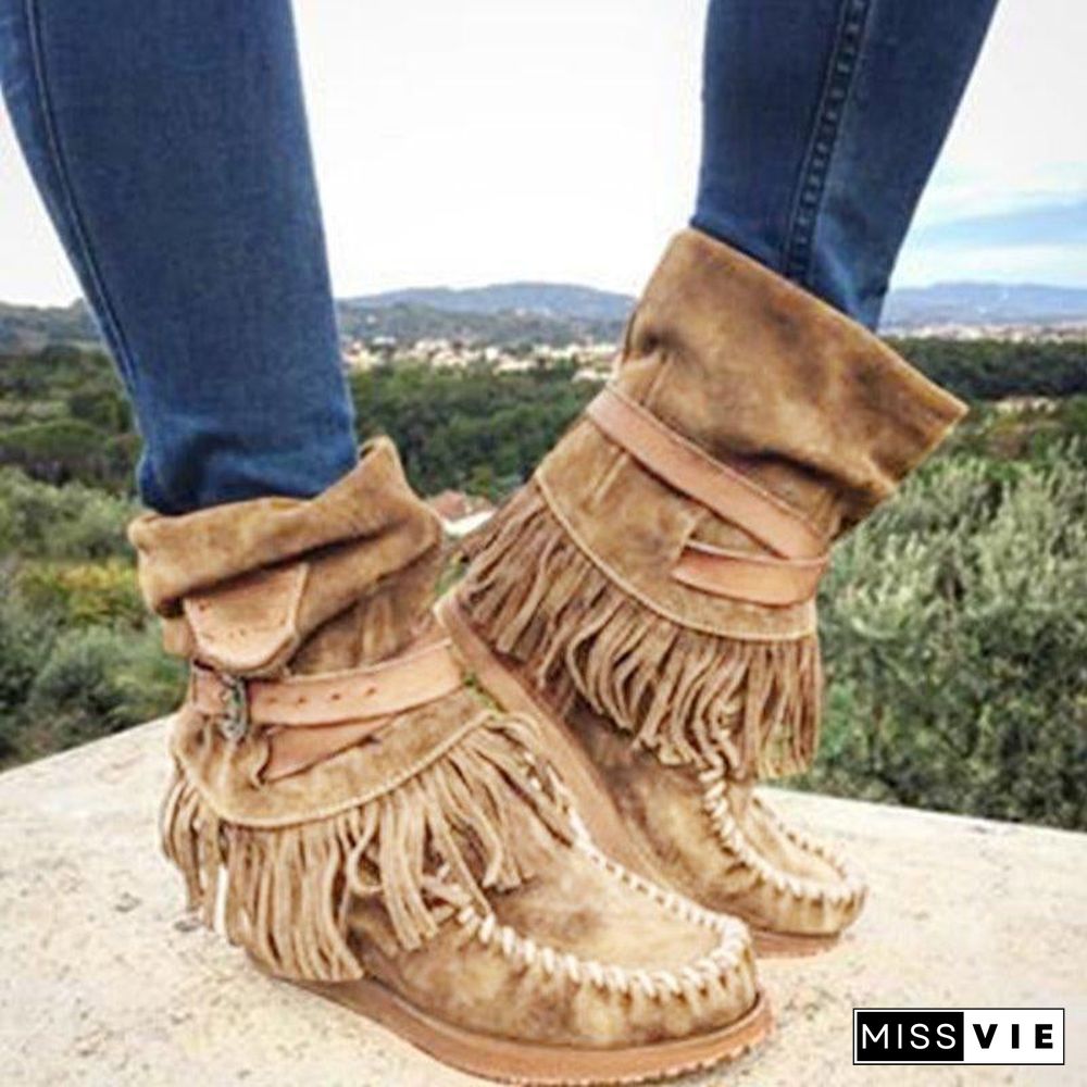 Women's Fringe Round Toe Retro Boots