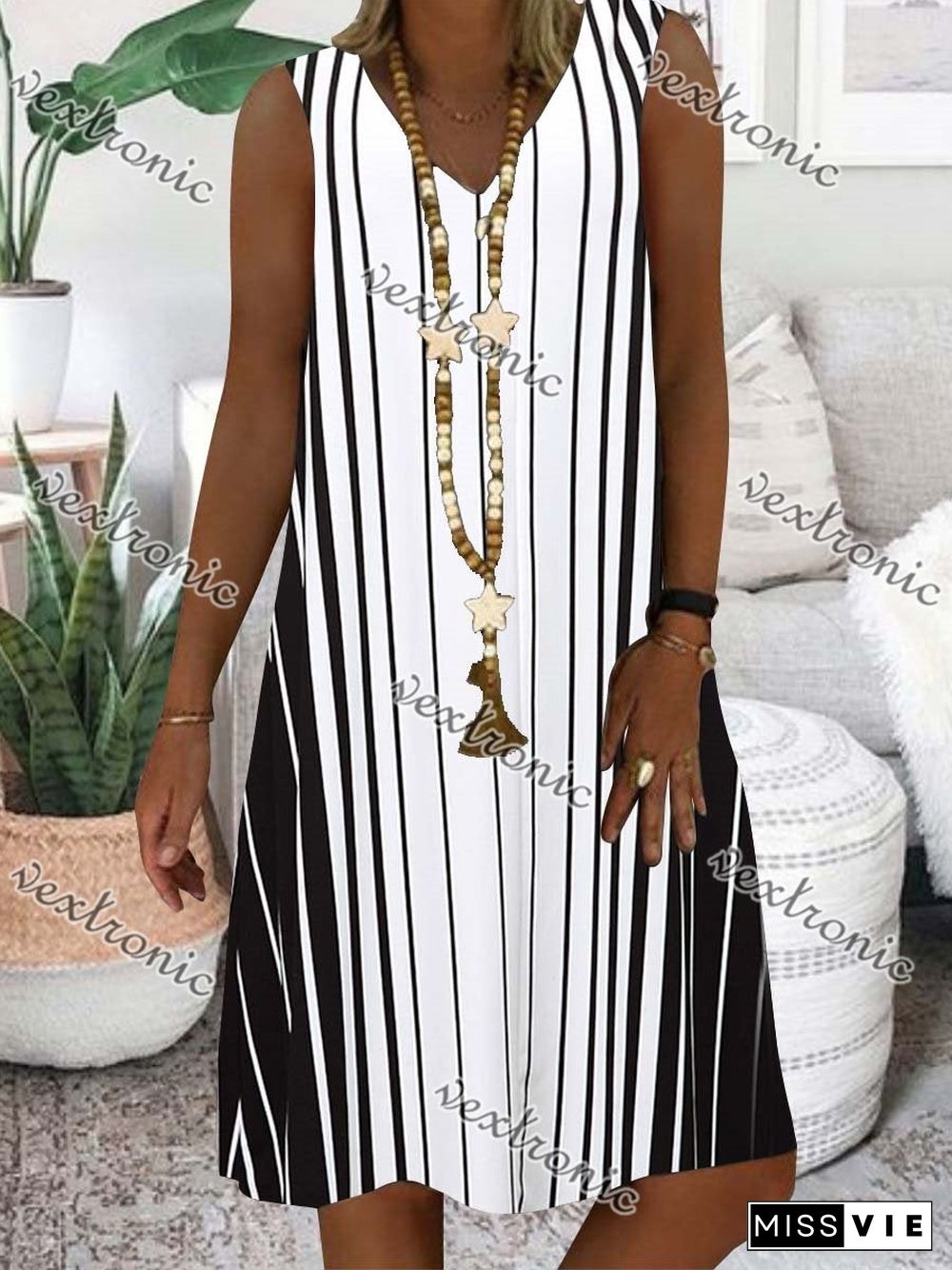 Women White Sleeveless V-neck Printed Midi Dress