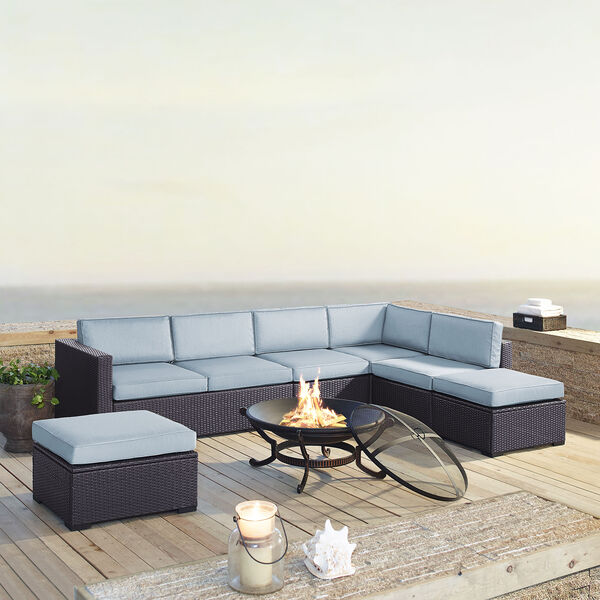 Biscayne 7 Person Outdoor Wicker Seating Set in Mist - Two Loveseats， One Armless Chair， Two Ottomans， Ashland Firepit