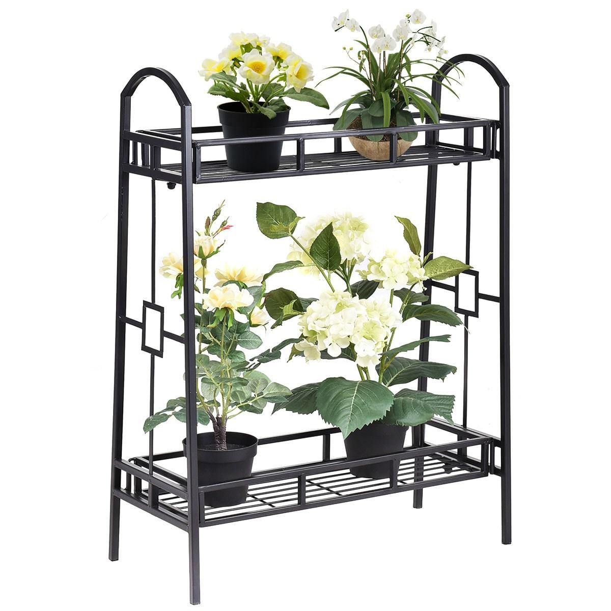 2 Tier Outdoor Metal Plant Stand Flower Pot Holder Freestanding Display Shelf Rack