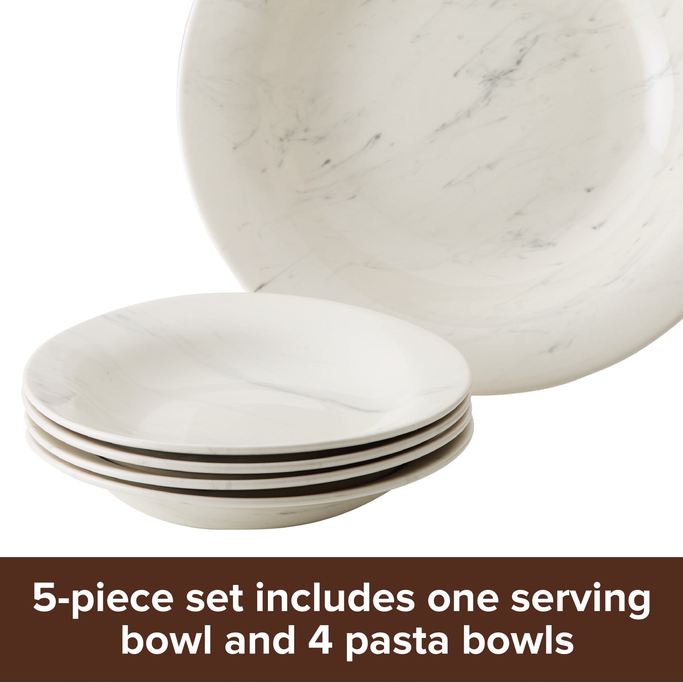 Anolon Ceramics Pasta Bowl Set， 5 Piece， Round， Marble White