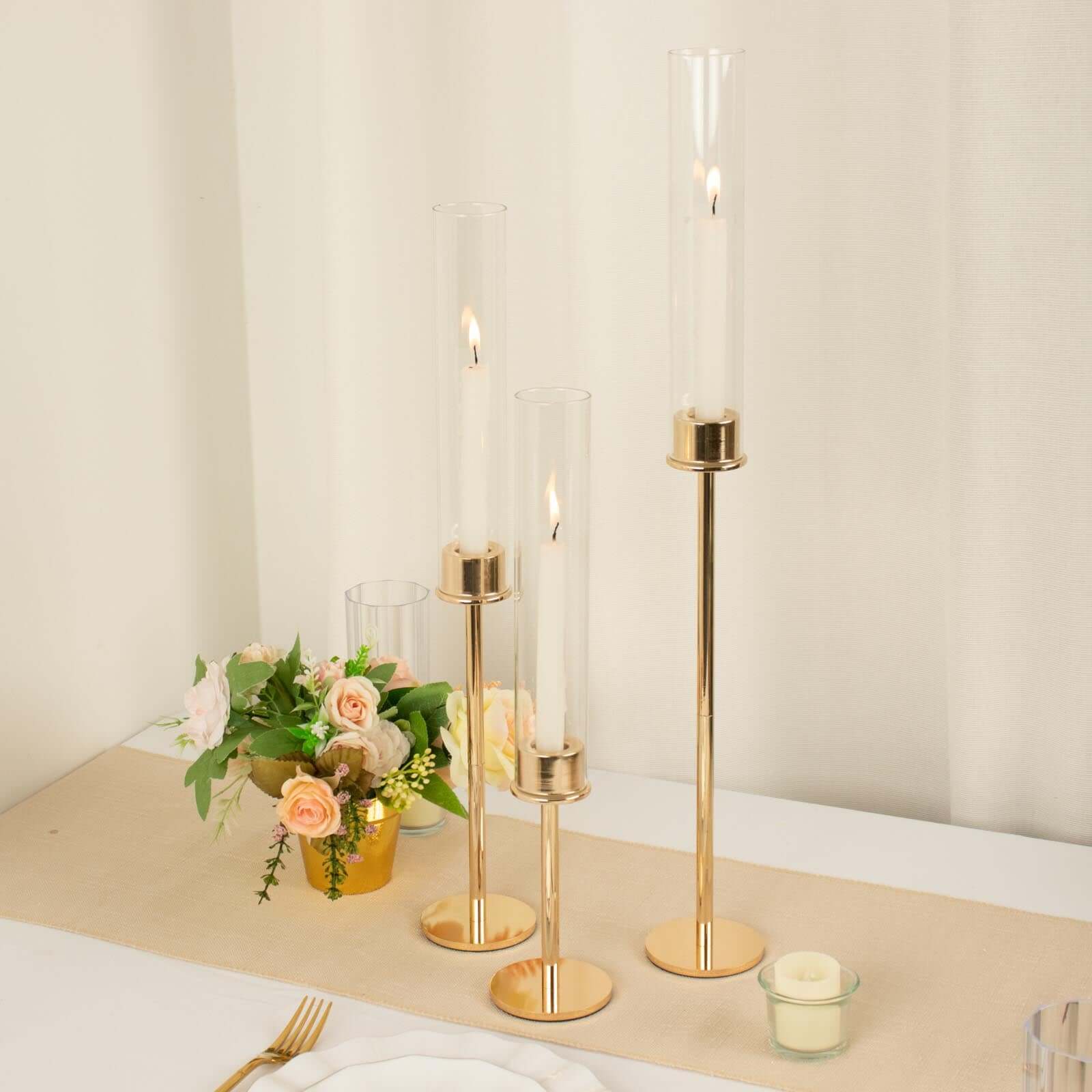 Set of 3 Tall Gold Metal Clear Glass Taper Candlestick Holders, Hurricane Candle Stands With Glass Chimney Candle Shades 16