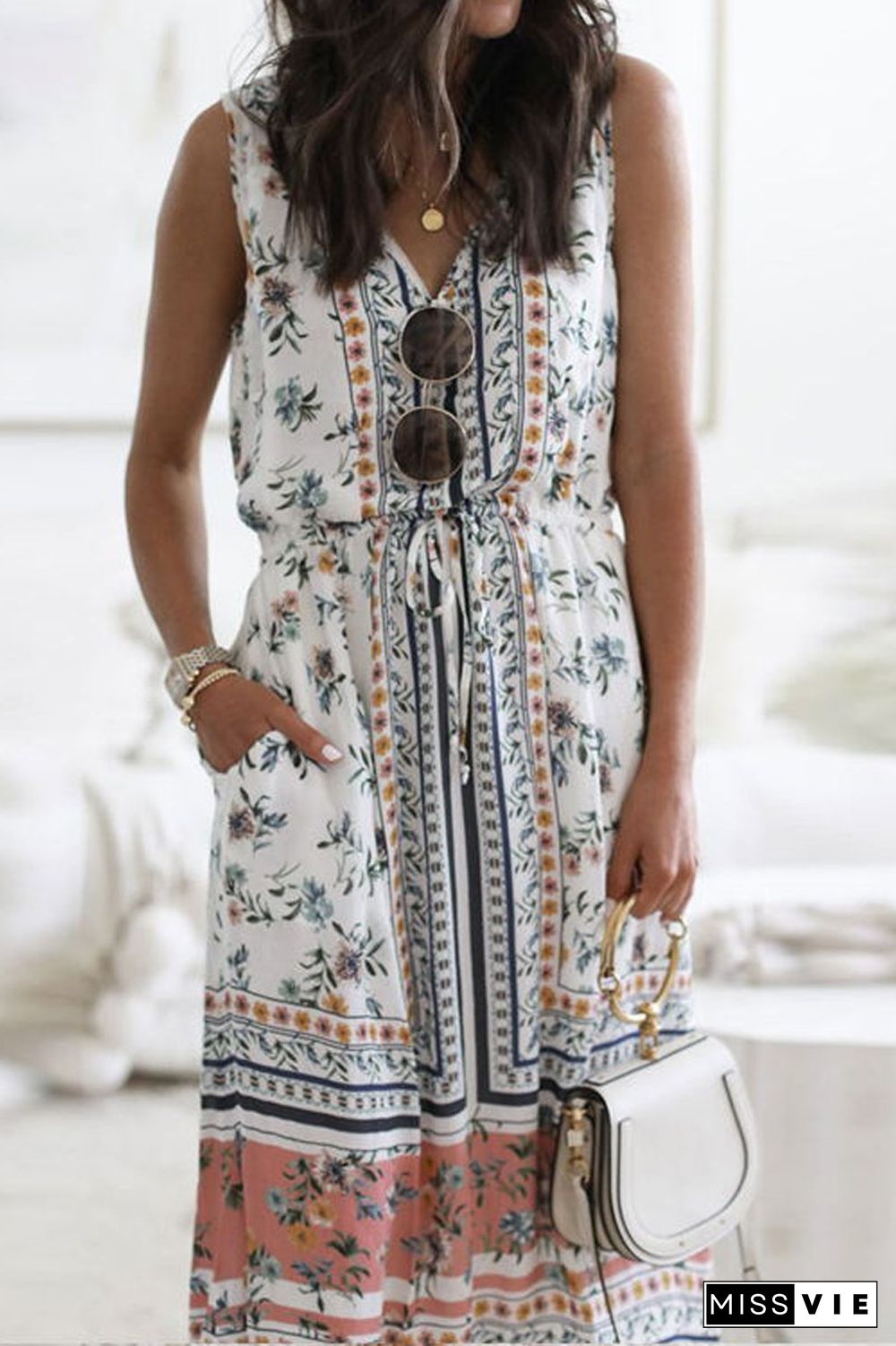 V-Neck Sleeveless Floral Printed Dress