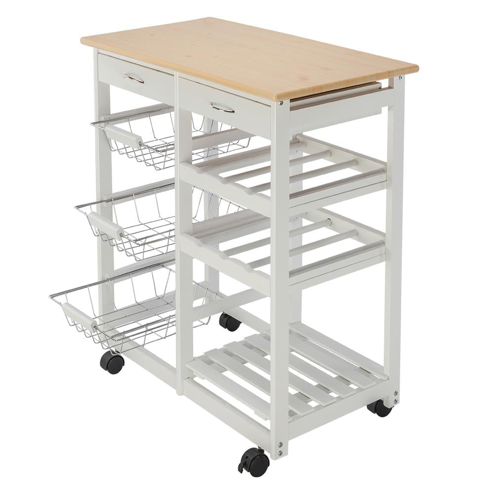 GoDecor Rolling Kitchen Trolley Cart Island， Wood Kitchen Cart with Two Drawers，White