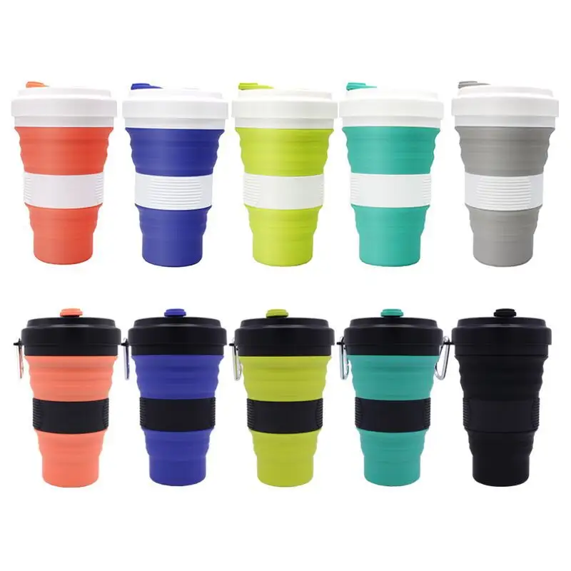 550ML Portable Reusable Eco Friendly folding collapsible camping silicone drinking coffee cup with Lids