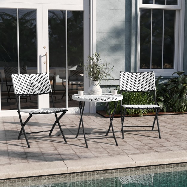 Emma And Oliver Three Piece Folding French Bistro Set In Pe Rattan With Metal Frames For Indoor And Outdoor Use