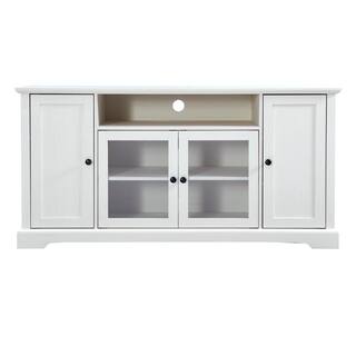 Polibi 59.80 in. W White TV Stand Fits TV up to 65 in. with 2 Tempered Glass Doors Adjustable Panels Open Style Cabinet RS-TSFSFG-W