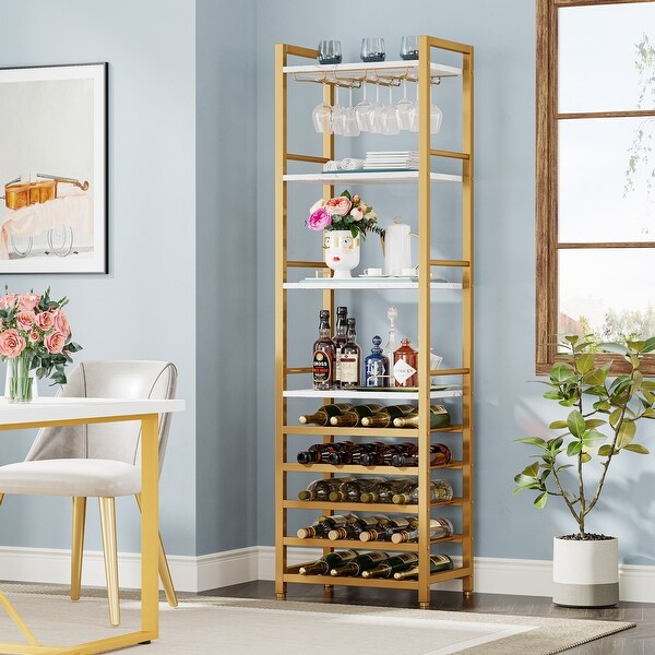 20 Bottle Freestanding Floor Wine Rack， 9 Tier Floor Liquor Cabinet with Glass Holder and Storage Shelves