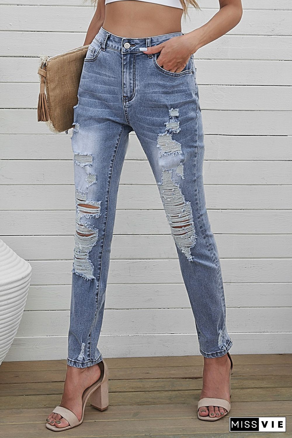 Sky Blue High Waist Distressed Skinny Jeans