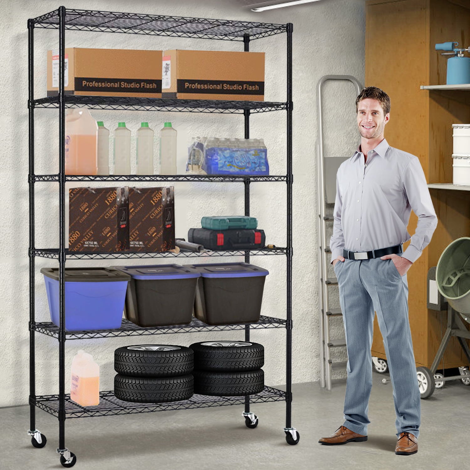 Dkelincs Storage Shelves 6 Tier  Wire Shelving Unit with Wheels Heavy Duty NSF Garage Shelves Adjustable Metal Shelves 2100 LBS Weight Capacity, Black