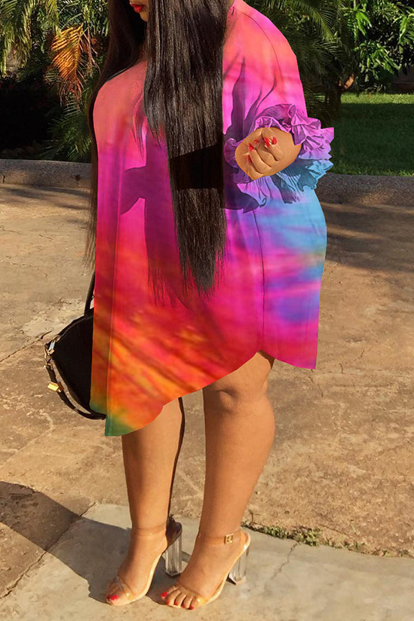 Plus Size Tie Dye Half Ruffle Sleeve Midi Dress