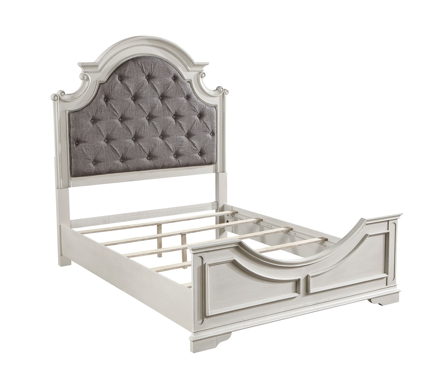 Florian Vintage Wood Eastern King Bed Frame with Upholstered Headboard with Button Tuft, Panel Footboard, Gray Fabric & Antique White Finish, Eastern King Bed