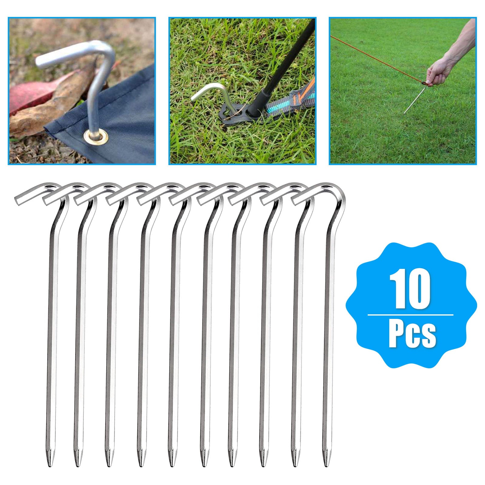 TSV Aluminium Tent Stakes Pegs with Hook, 10Pcs Heavy Duty Stakes Nail Spike Garden Stakes Camping Pegs for Pitching Camping Tent, Canopies