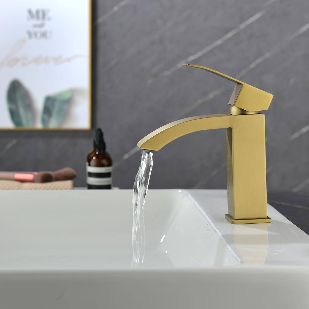 Miscool Single Handle Single Hole Bathroom Faucet with not Deckplate Included and Spot Resistant in Brushed Gold FANKHD10G0903H