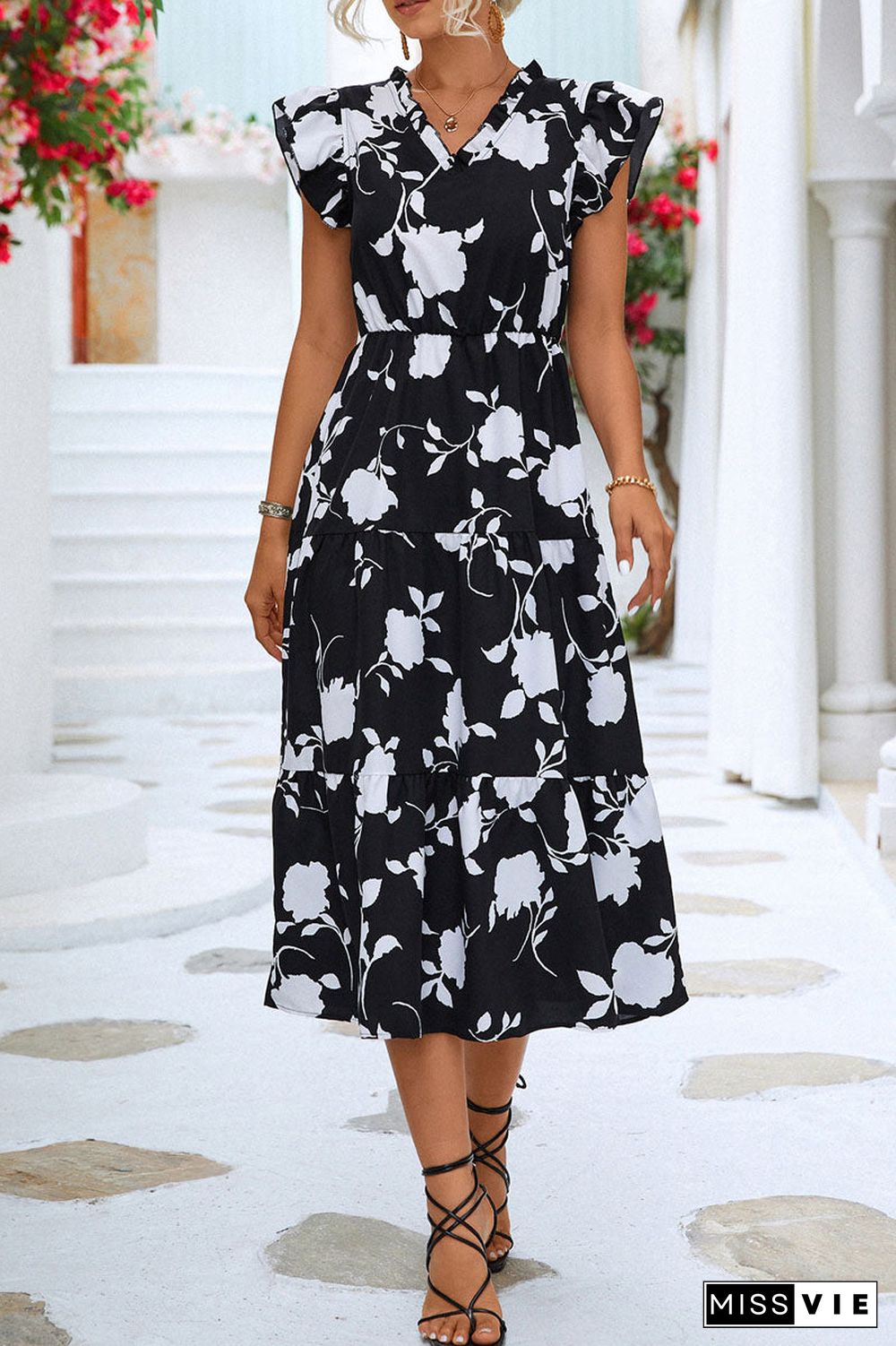 Floral V Neck Beach Ruffle Sleeve Midi Dress