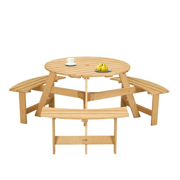 6 Person Outdoor Picnic Table with Bench，Round Pinic Table w/ 3 Bulitin Benches and Umbrella Hole，Outside Table and Bench Set