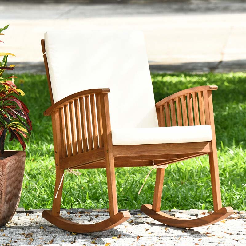 Acacia Wood Outdoor Rocking Chair, Wooden Porch Rocker with Detachable Washable Cushions