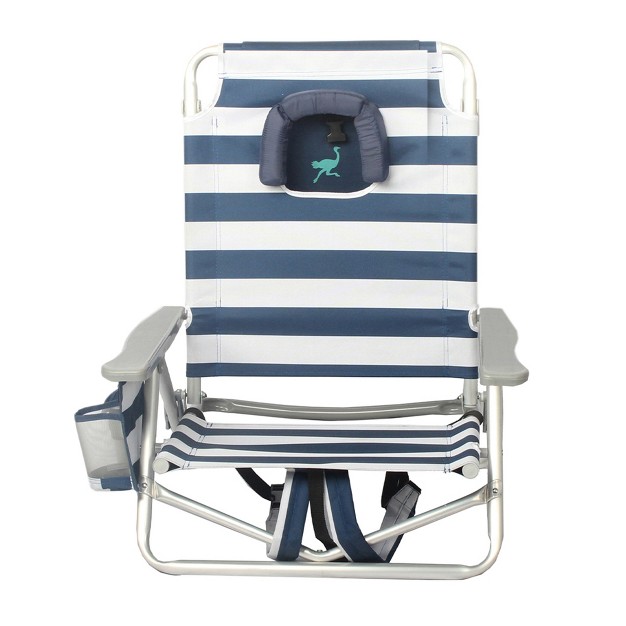 Ostrich On your back Sand Chair With Zippered Side Pocket And On your back Outdoor 5 position Reclining Beach Chair With Backpack Strap Striped Blue