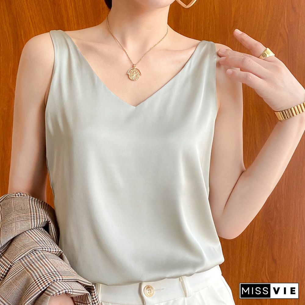 Summer V Neck Suspender Vest Female Ice Satin Silk Camisole Women Outer Wear Sleeveless Top With Small Suit Inner Base Shirt