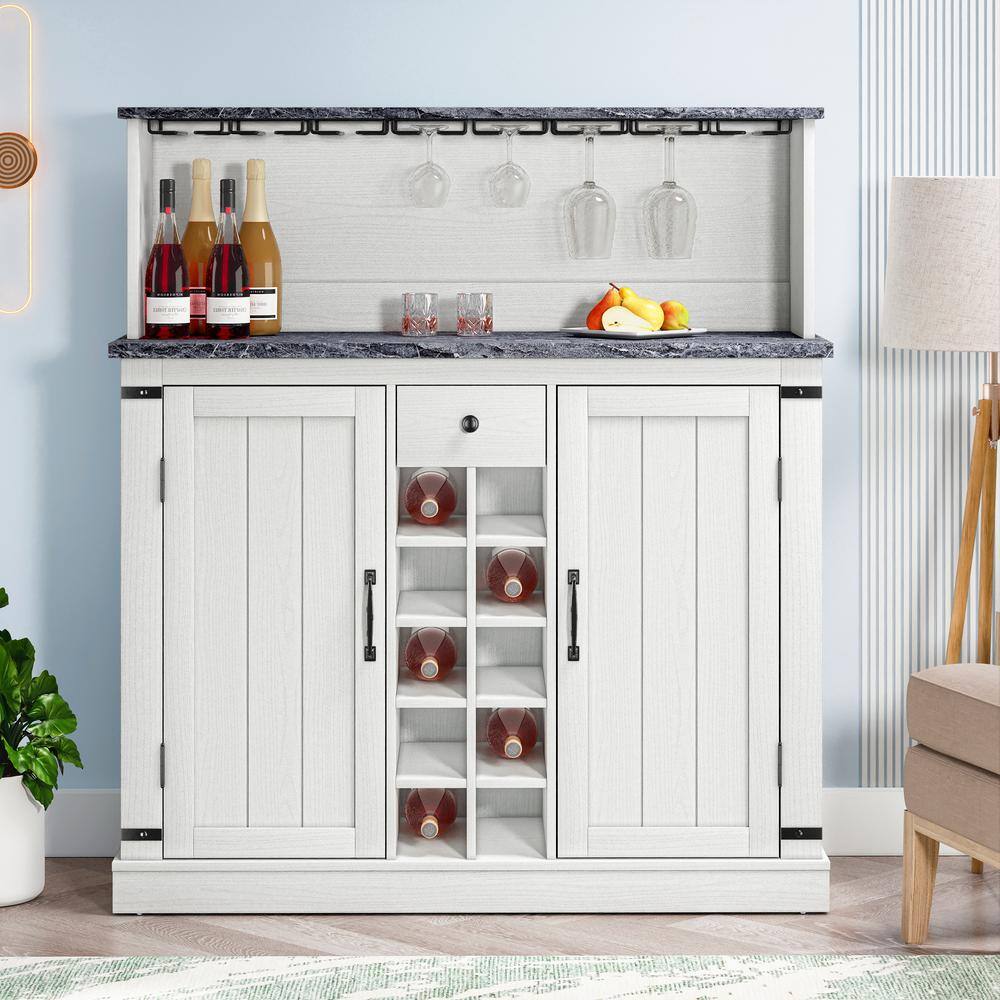 FESTIVO 47 in. Cut-Off White Wood Buffet Bar Cabinet with Wine Rack with Granite Pattern Countertop FWC21178