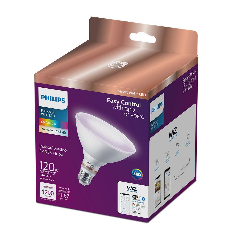 Philips 120-Watt Equivalent PAR38 LED Smart Wi-Fi Color Changing Light Bulb powered by WiZ with Bluetooth (1-Pack) 562496