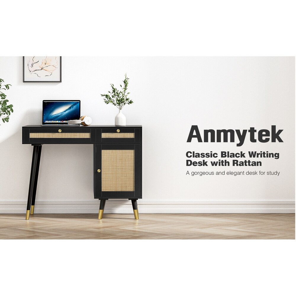 Farmhouse Rattan Computer Writing Desk   Black/Gold   39.4\