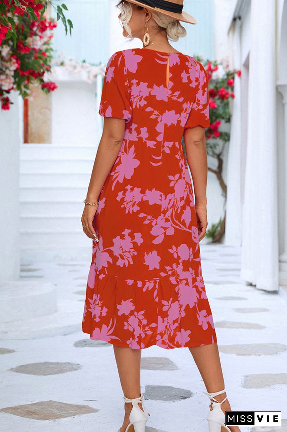 Floral Print Ruffle Hem Short Sleeve Dress