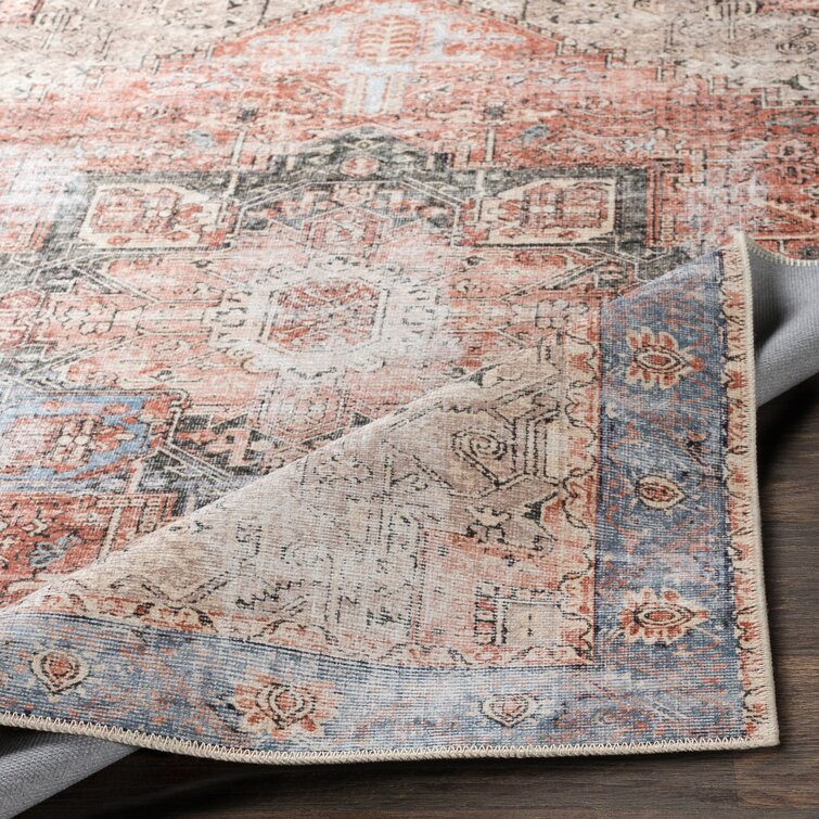 Mya Machine Washable Oriental Brick Red/Light Gray Area Rug