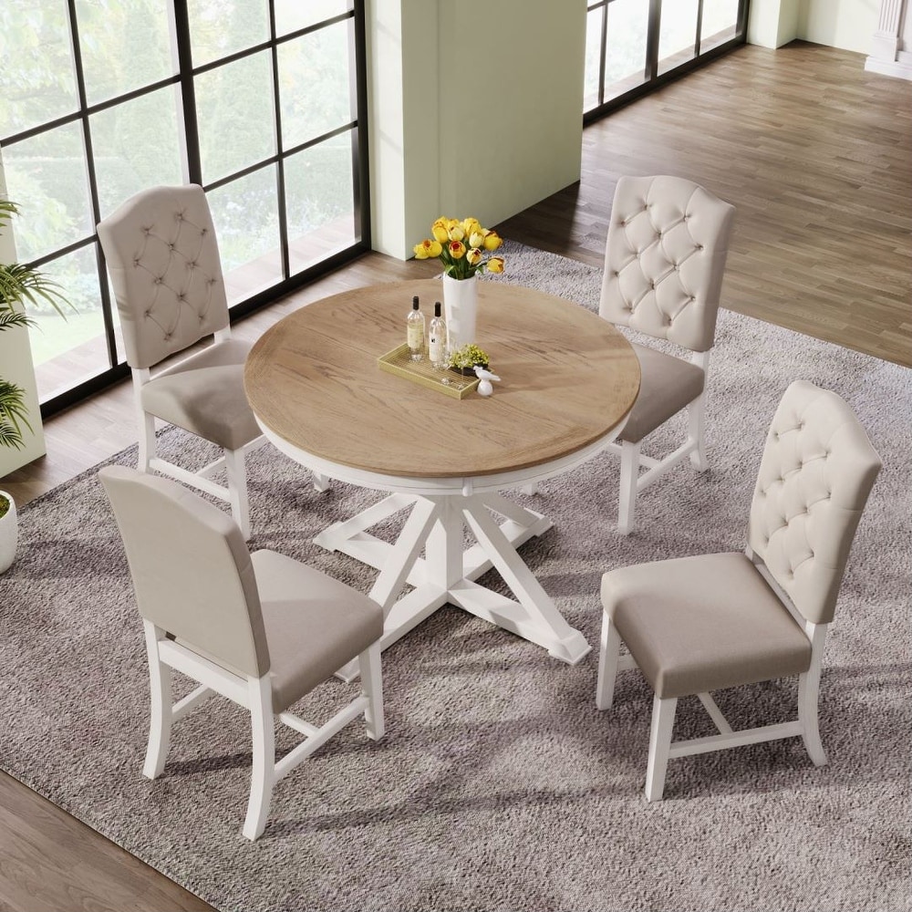 Retro Style Dining Table Set with Extendable Table and 4 Upholstered Chairs