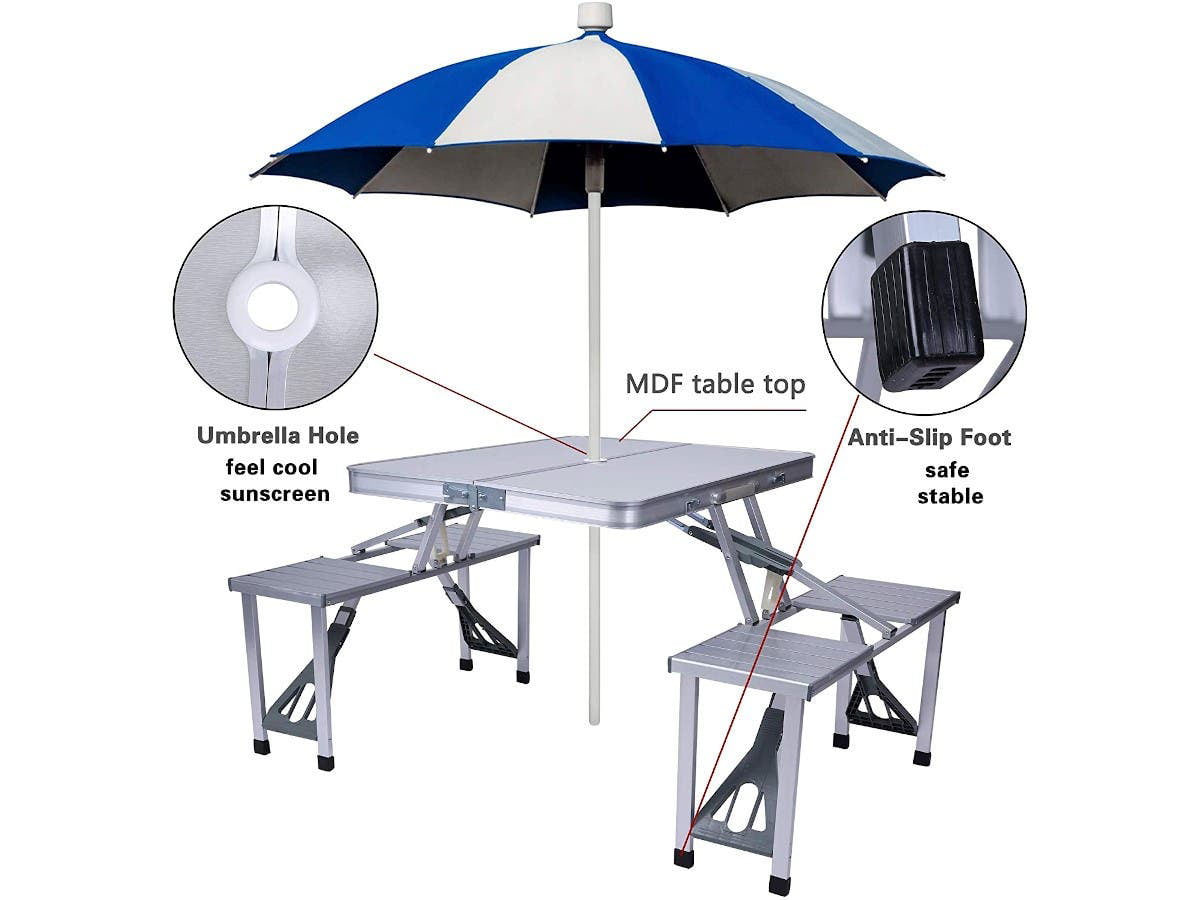 Folding Camping Table Chair Set - Silver, Aluminum Suitcase Portable Camping Picnic Table with 4 Seats, Umbrella Hole for Party, BBQ, Beach, 34.5 x 4.6 in