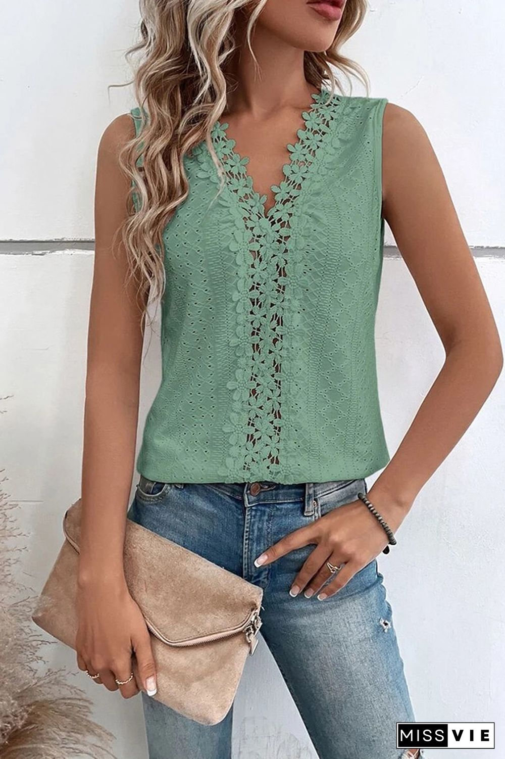 V Neck Jacquard Eyelet Tank Top