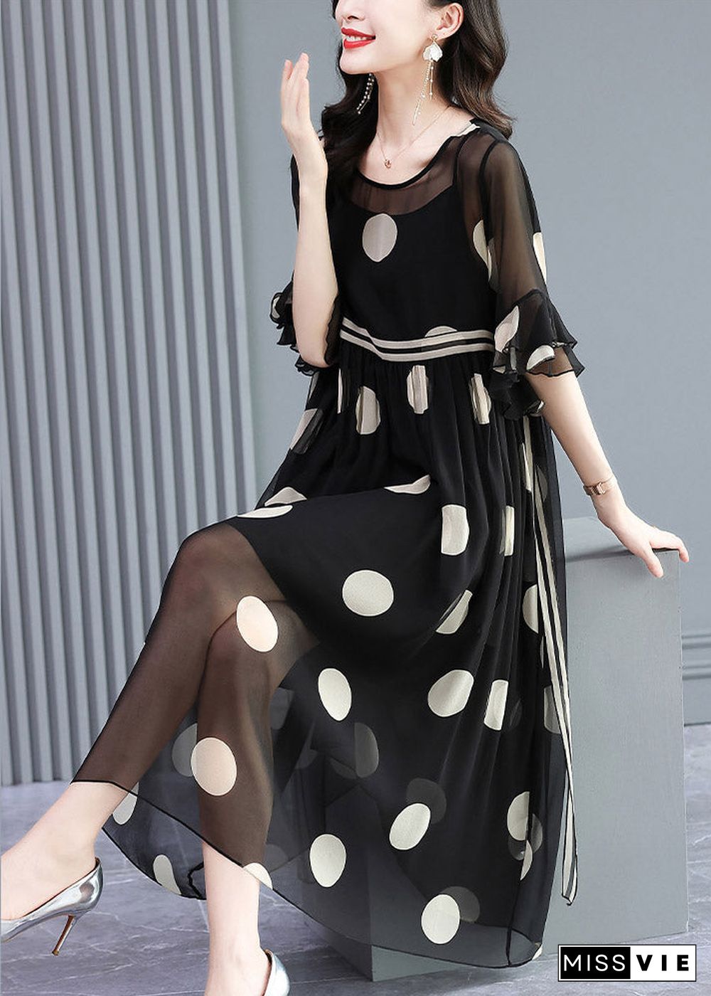 French Black O-Neck Dot Print Silk Dress Two Pieces Set Flare Sleeve