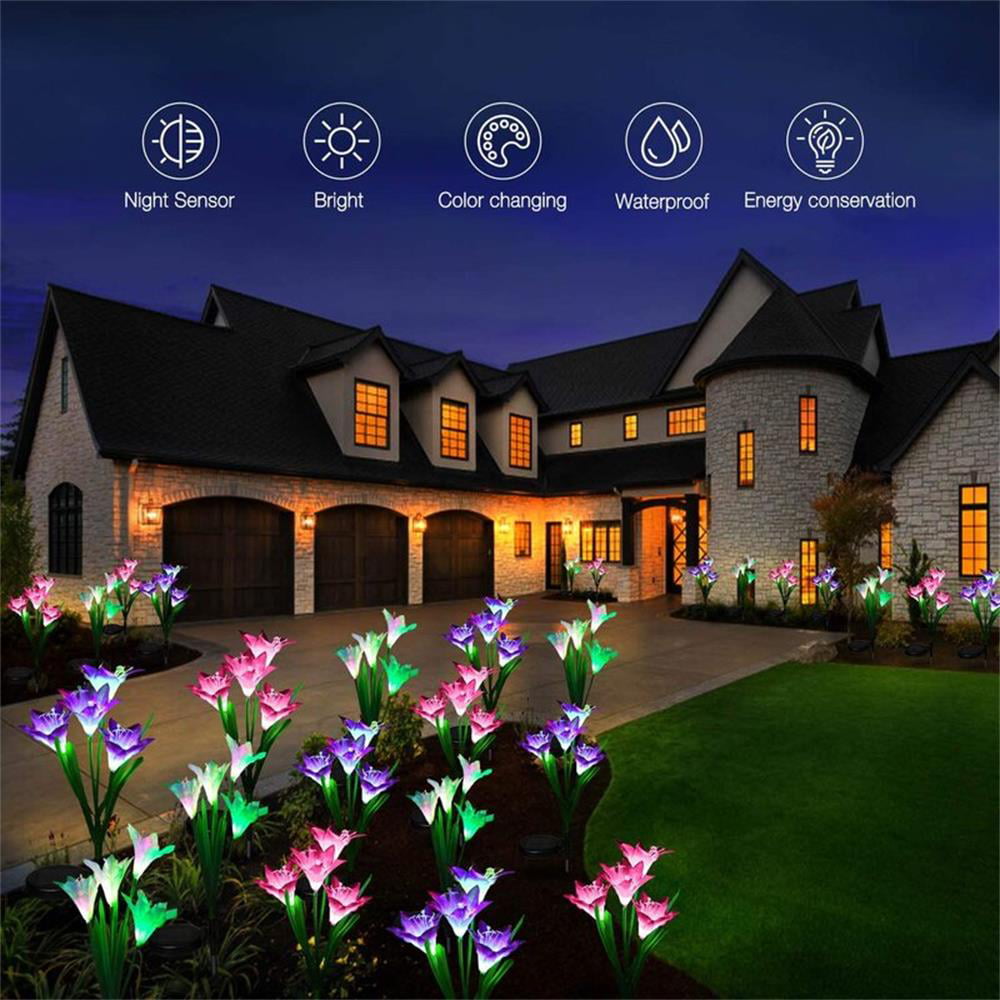 VICOUP 4 Pack Outdoor Solar Garden Stake Lights ， Waterproof  7Color Solar Powered Lights with 16 Lily Flowers