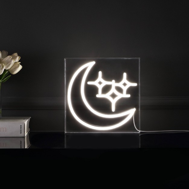 Starry Crescent Square Contemporary Glam Acrylic Box Usb Operated Led Neon Light White Jonathan Y